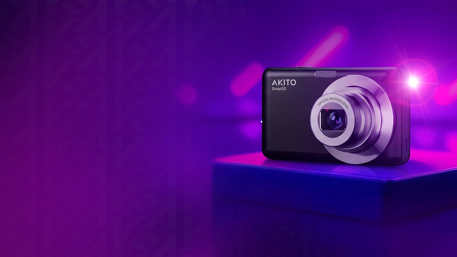 Akito Snap22 digital camera with 12x optical zoom lens on purple display