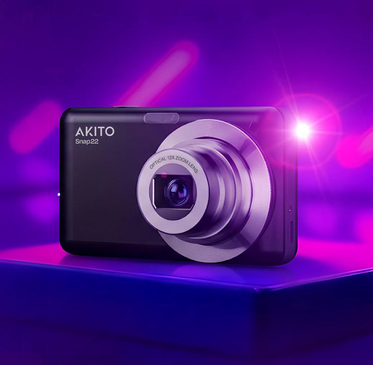 Akito Snap22 digital camera with 12x optical zoom lens, sleek black design, vibrant purple lighting