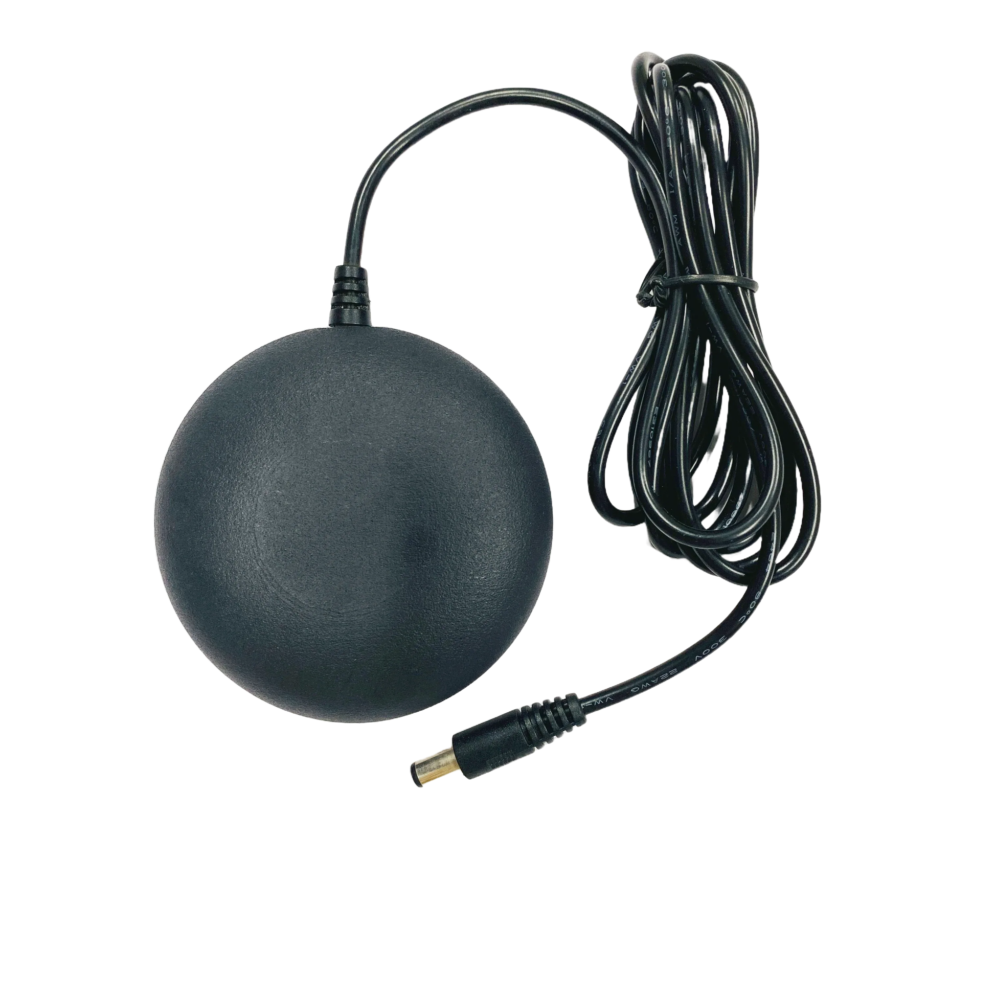 Black circular electronic device with coiled cable and DC connector for reliable power supply