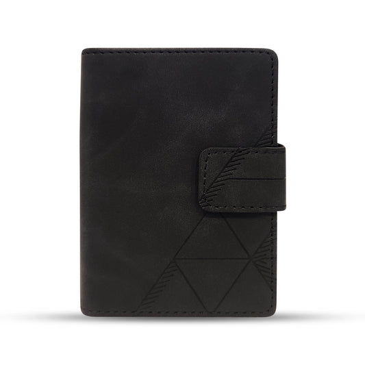 Black leather wallet with geometric embossing and strap closure