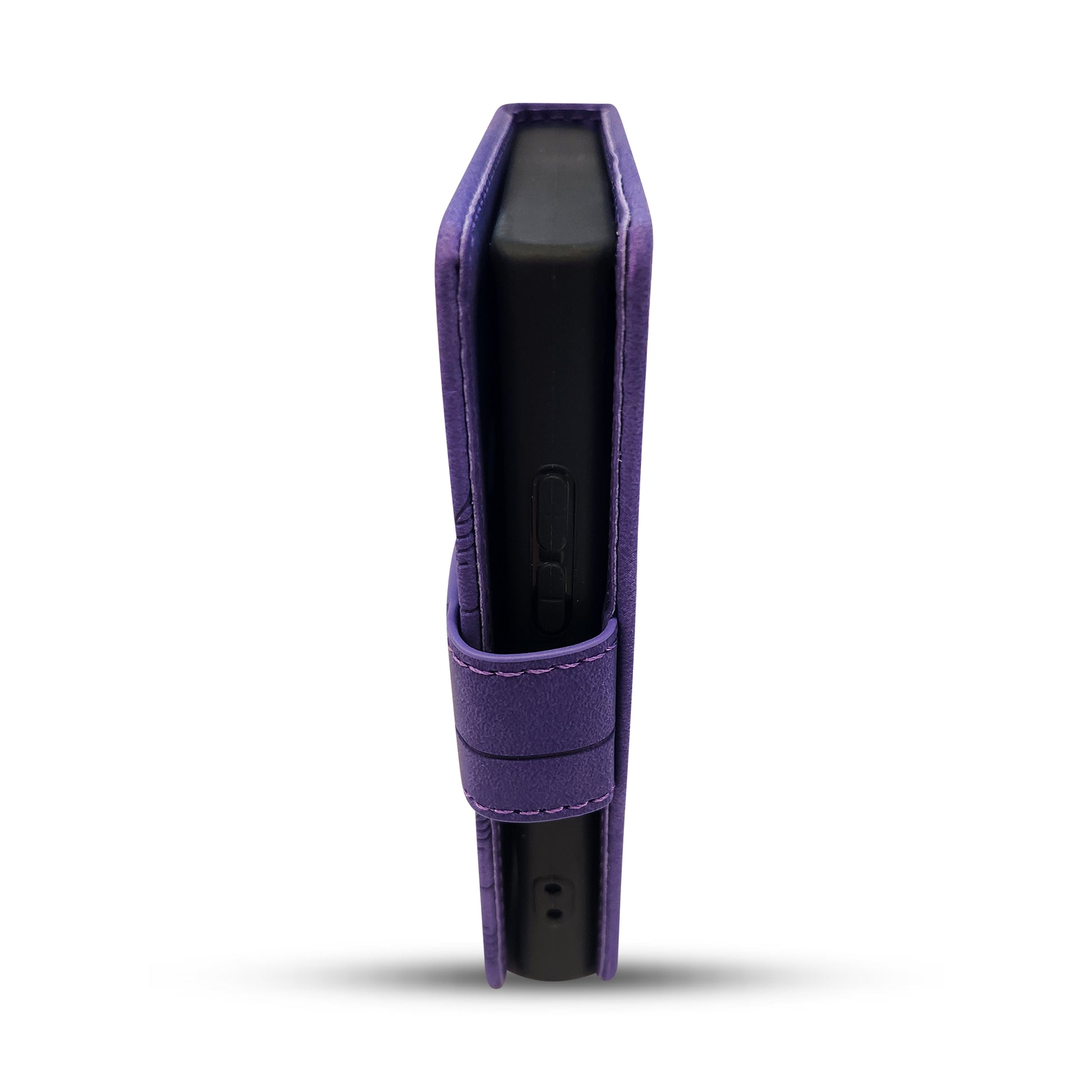 Purple protective case for sleek black electronic device with button and port details