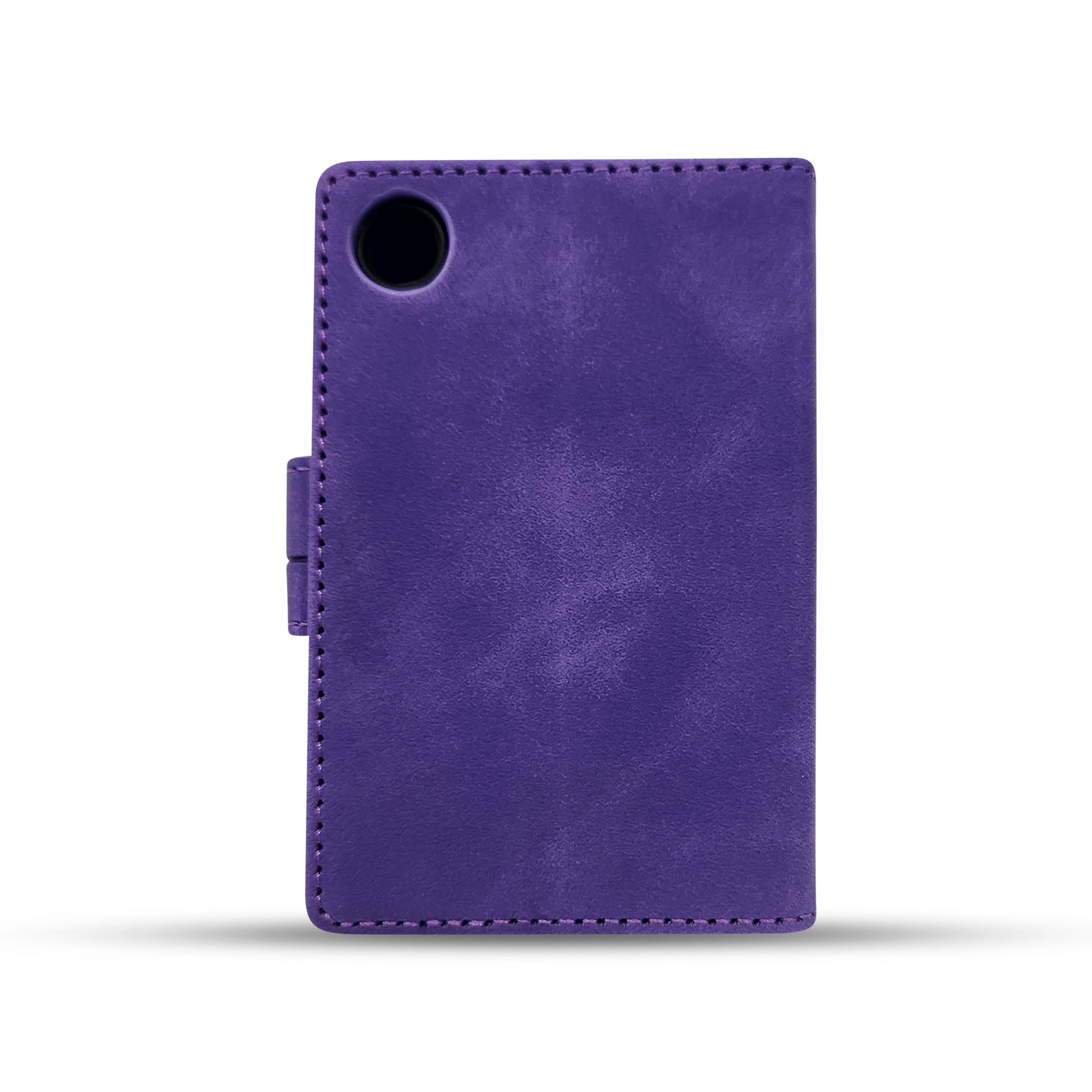 Purple leather phone case with precise stitching and camera cutout