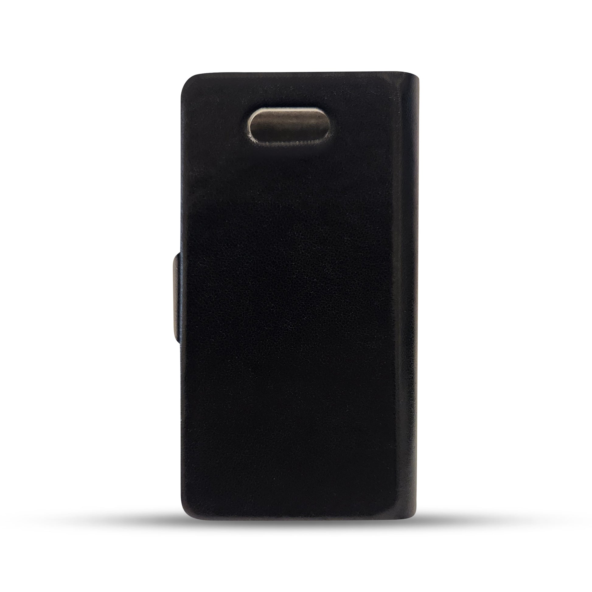 Black leather phone case with textured finish and cutout for camera