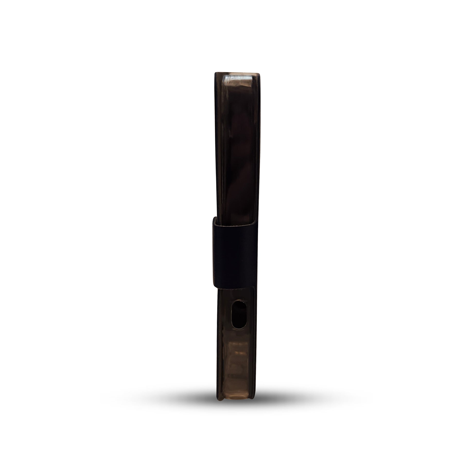 Sleek black electronic device with transparent casing and secure clip design