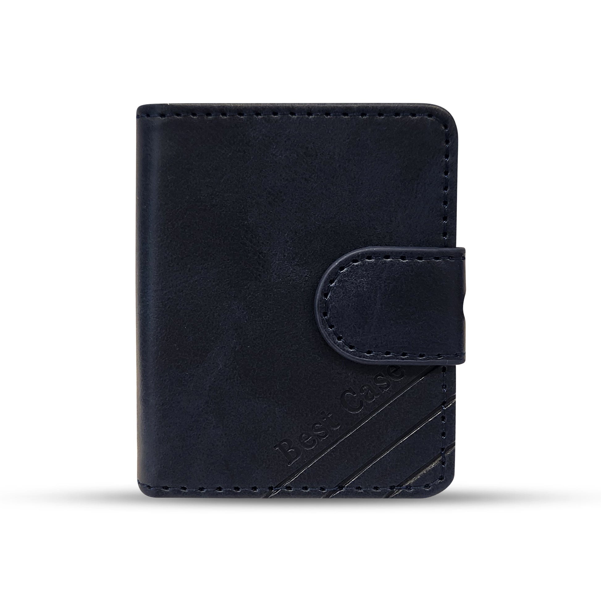 Black leather wallet with snap closure and embossed Best Case design