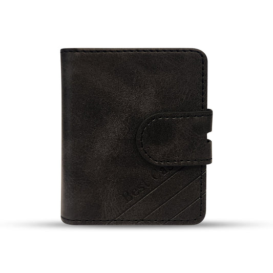 Black leather wallet with embossed text and strap closure