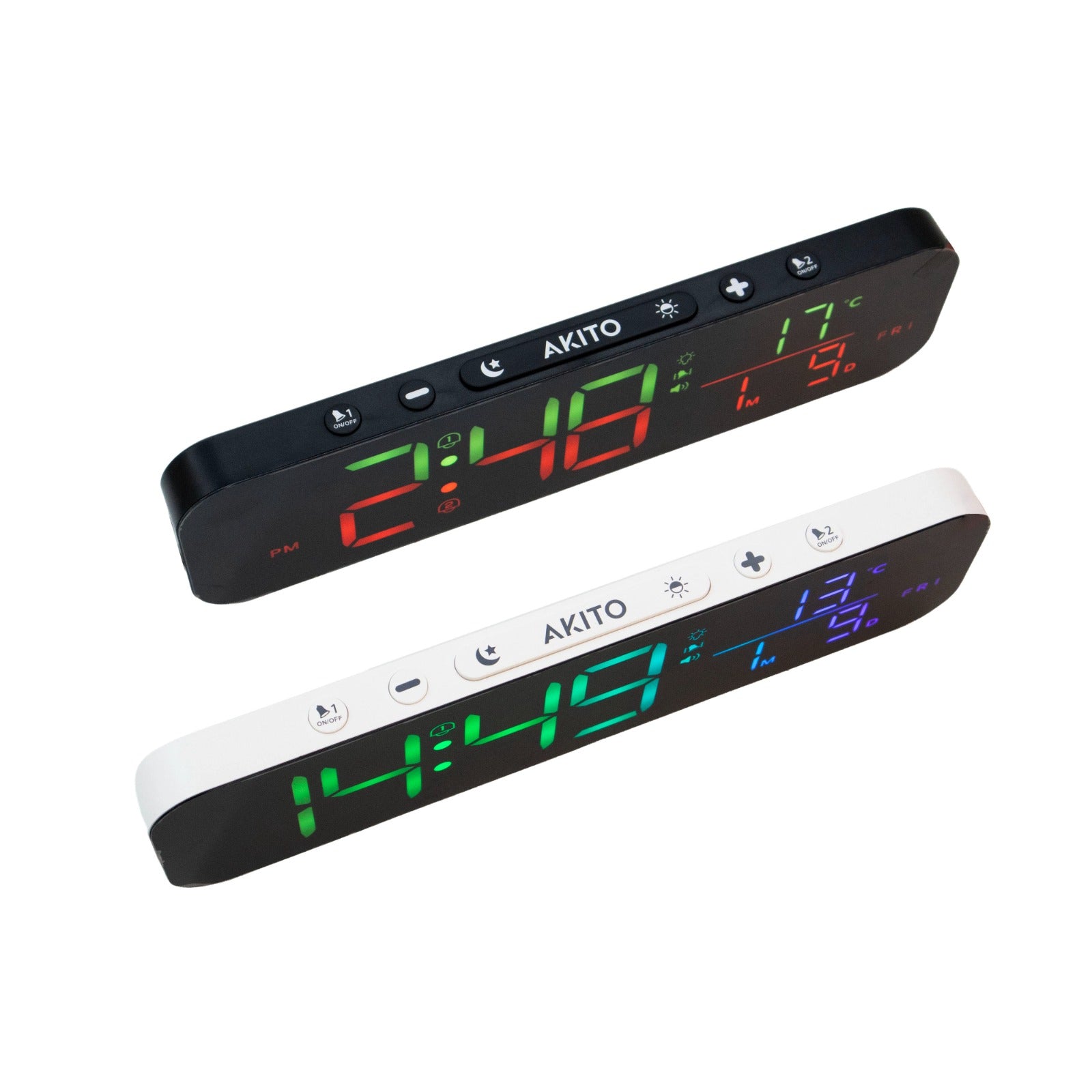 Akito digital alarm clock with LED display showing time, temperature, and day