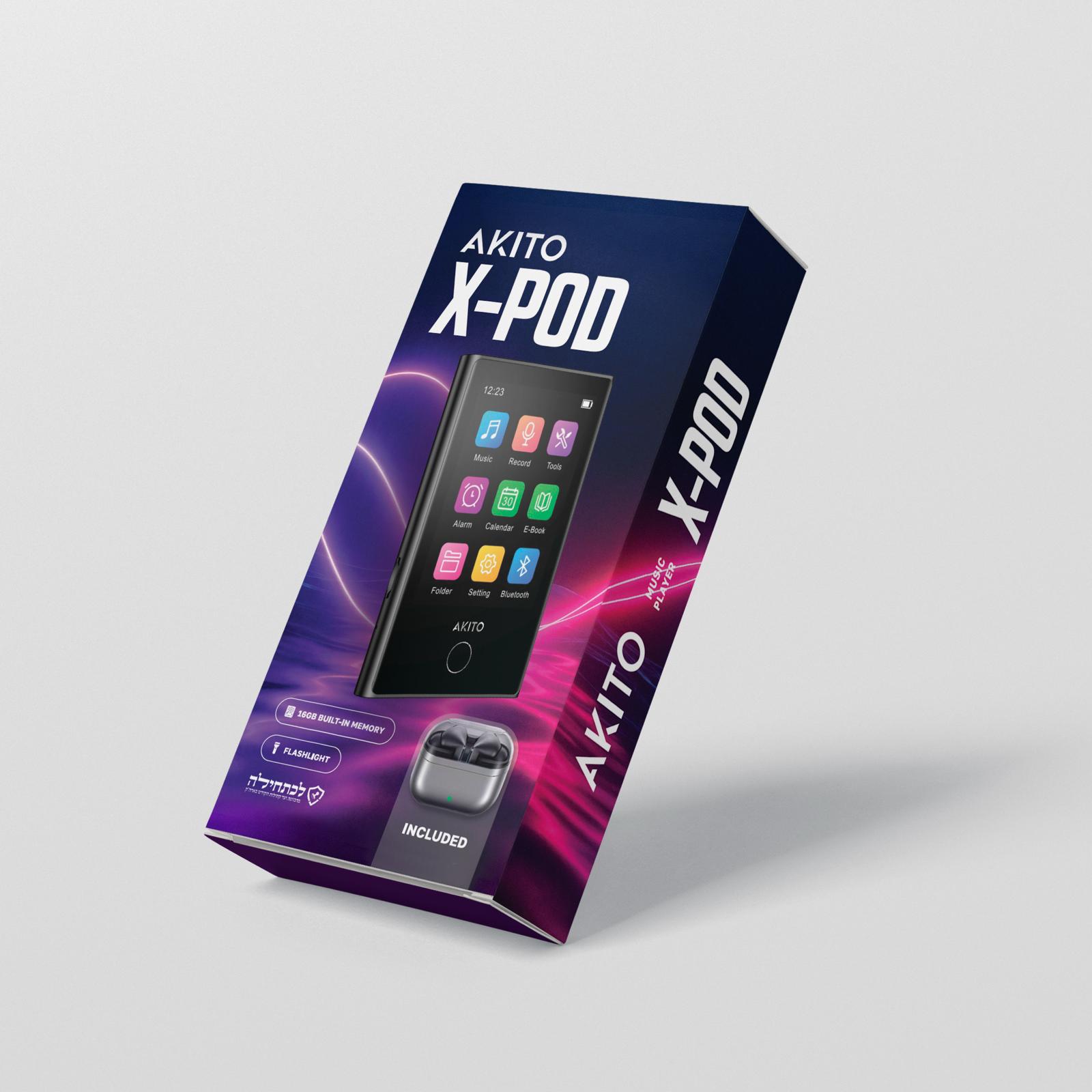 Akito X-Pod music player with 16GB memory, Bluetooth, flashlight & included earbuds in vibrant packaging
