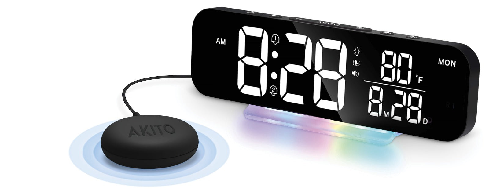 Digital alarm clock with LED display, temperature, and colorful backlight, paired with a wireless charging pad.