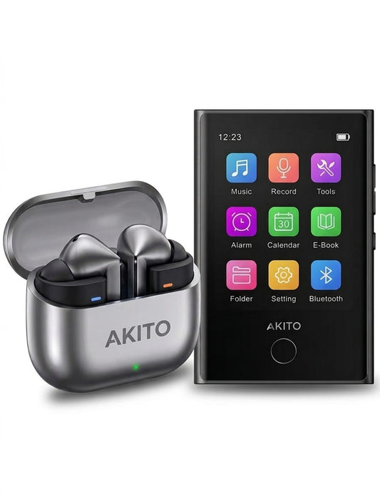 Akito wireless earbuds in charging case beside digital music player with colorful app icons