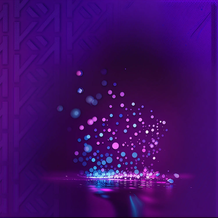 Vibrant purple and blue glowing orbs with geometric patterns, creating a futuristic ambiance.