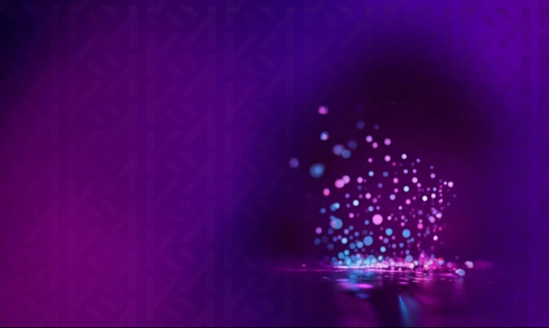 Vibrant purple and blue glowing particles against a geometric patterned backdrop