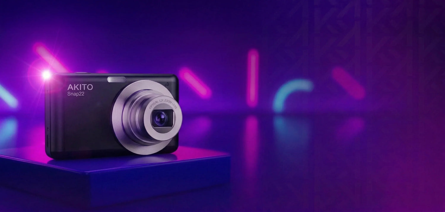 Akito Snap22 digital camera with 12x optical zoom lens on vibrant purple neon background