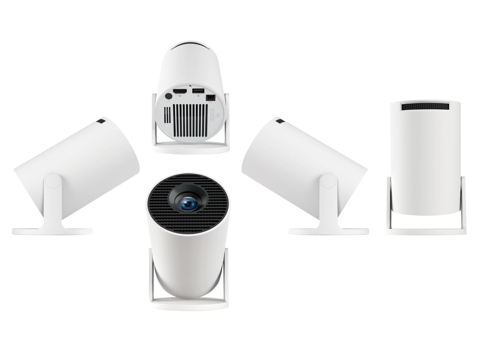 Compact white portable projector with multiple angles showing lens, ports, and sleek design for home entertainment.
