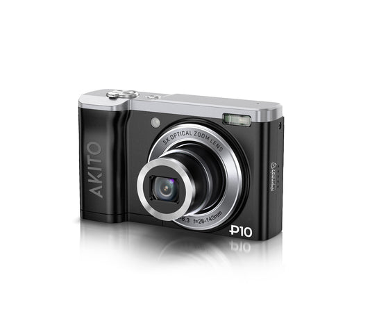 Akito P10 digital camera with 5x optical zoom lens, sleek black and silver design
