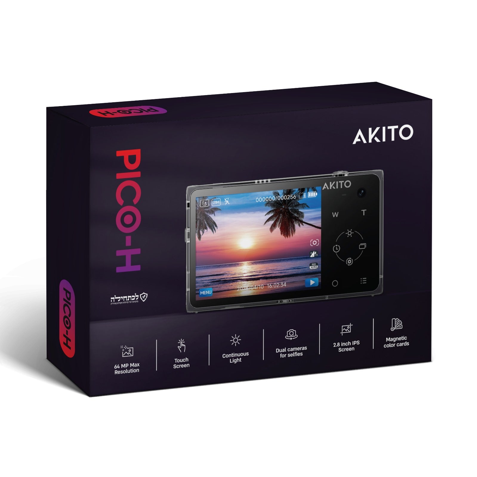 Akito Pico-H digital camera with 64MP resolution, touch screen, and dual cameras for selfies