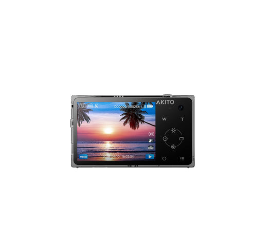 Akito digital camera with sunset beach display, compact design, and intuitive controls for easy family use.