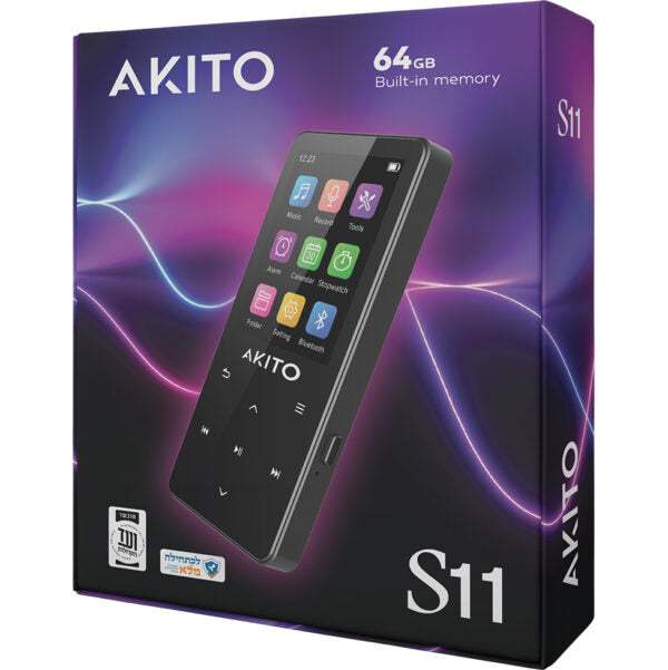 Akito S11 portable media player with 64GB memory, colorful app icons, and sleek black design