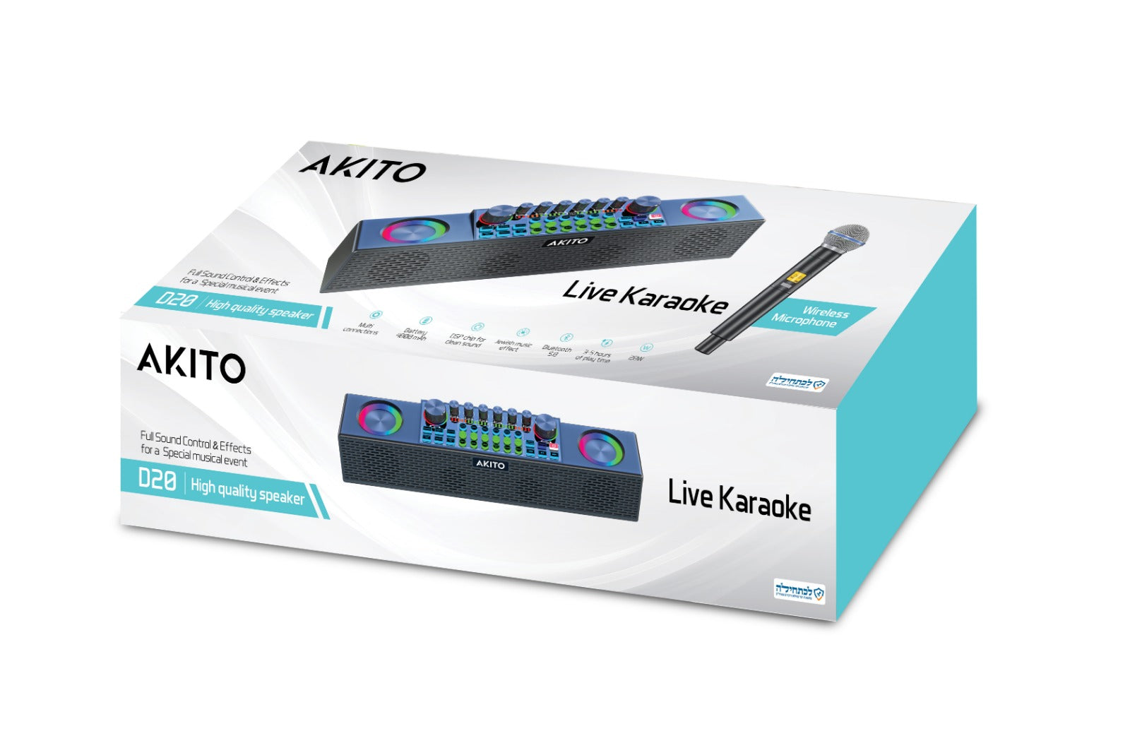 Akito D20 Live Karaoke speaker with wireless microphone, high-quality sound control for musical events