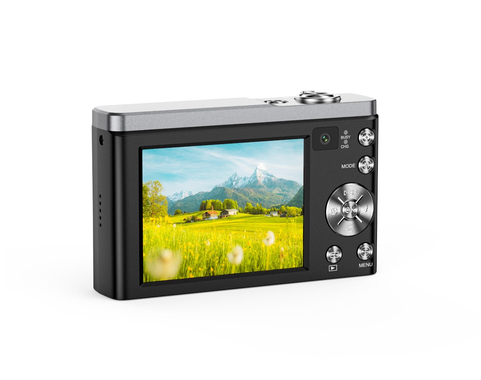 Compact digital camera with vibrant LCD screen displaying scenic mountain landscape