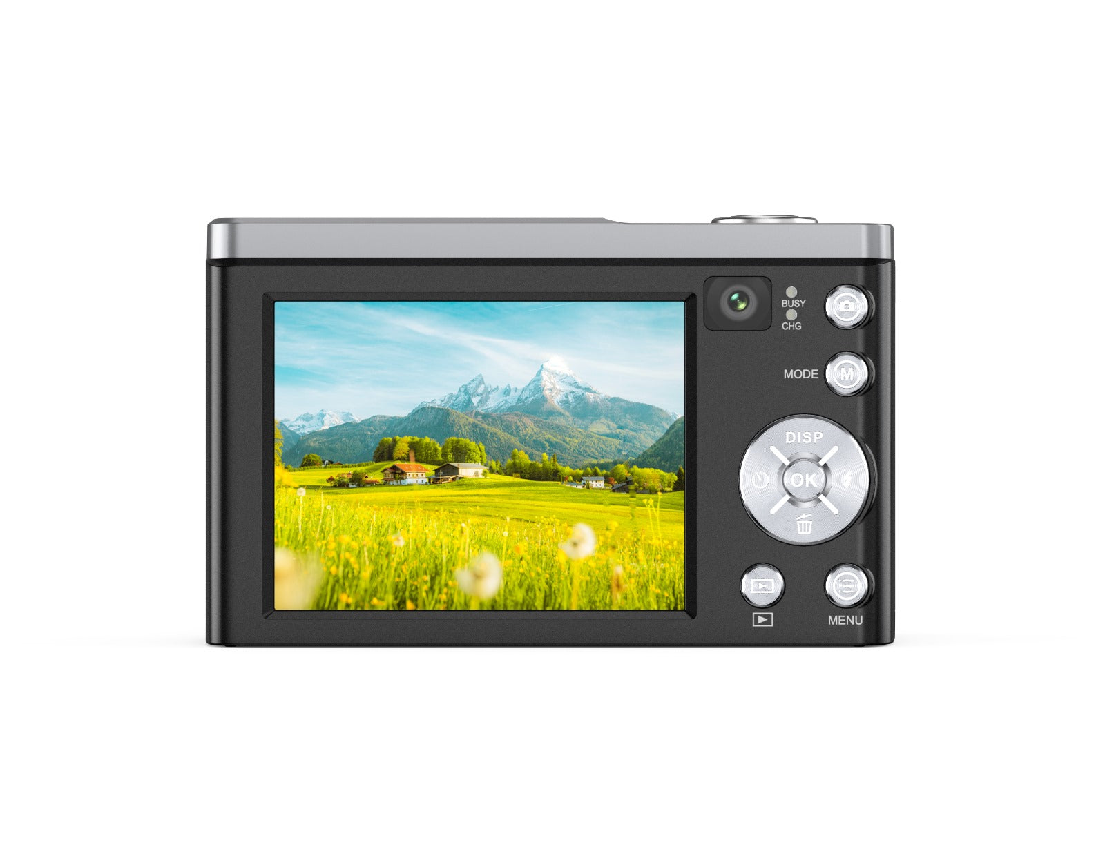 Compact digital camera with vibrant LCD screen displaying mountain landscape, ideal for family travel photography