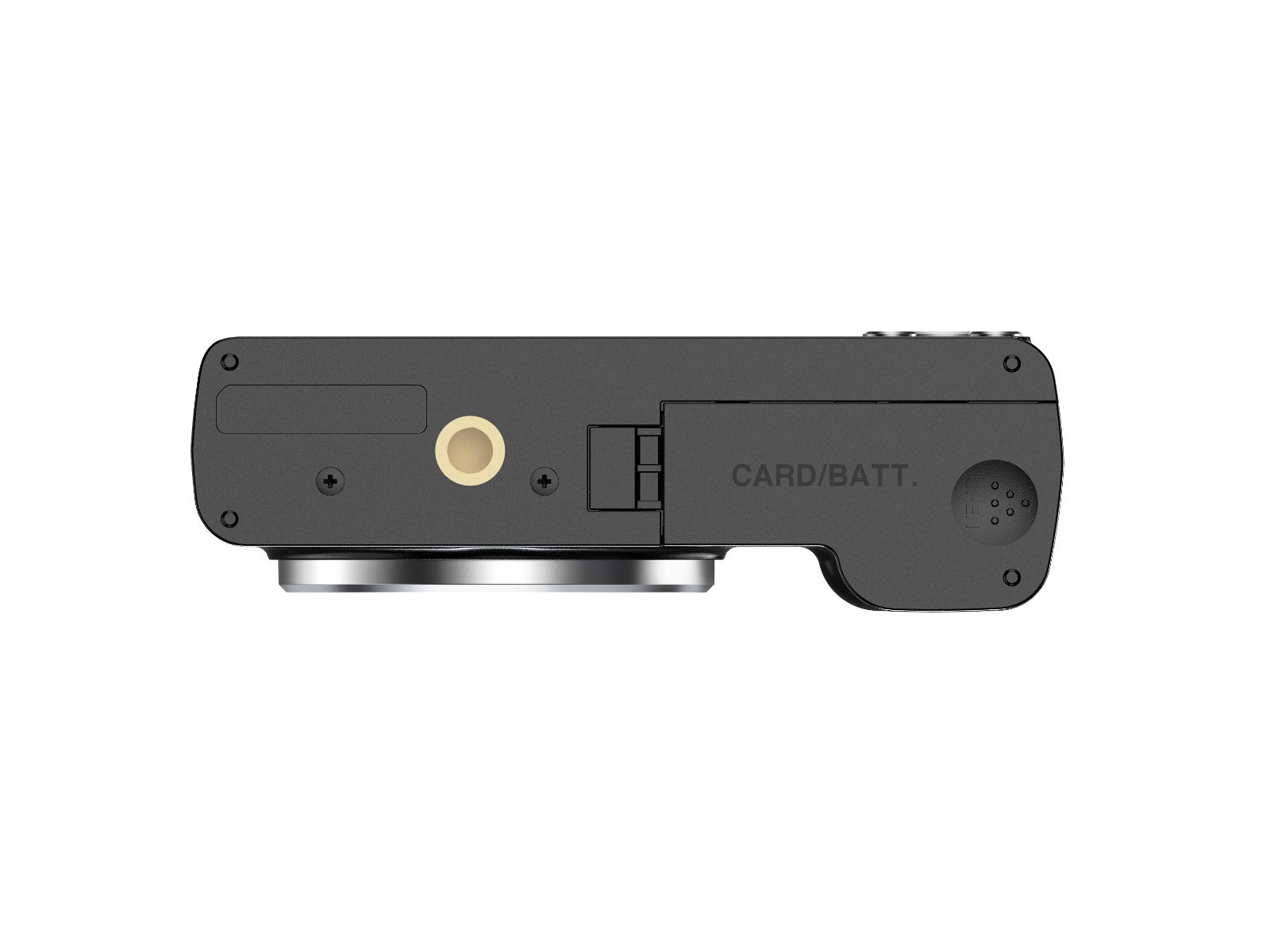Compact digital camera bottom view with card/battery compartment and tripod mount