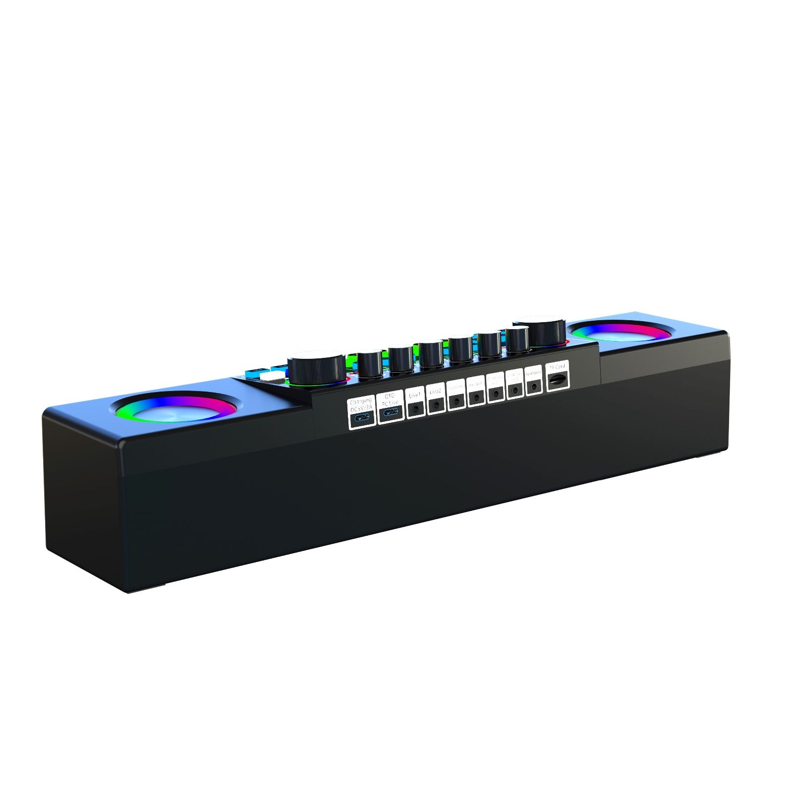 Black audio mixer with RGB lights, knobs, and multiple input ports for premium sound control.