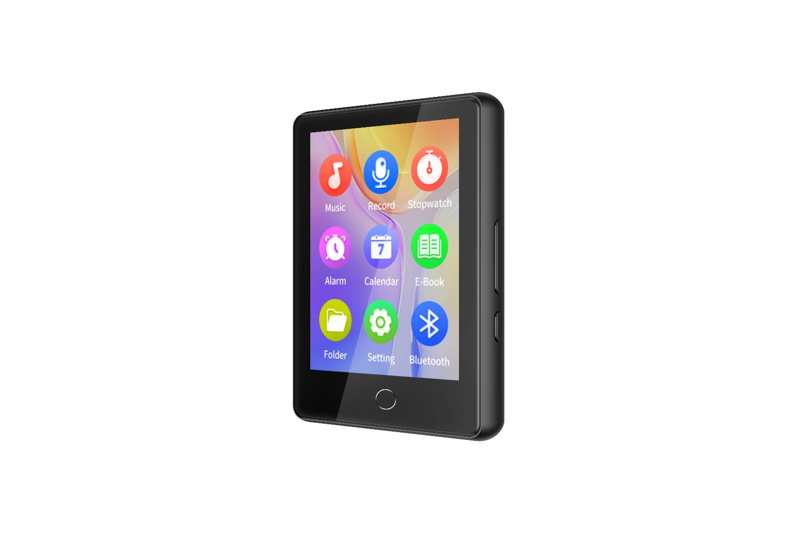 Compact multimedia player with colorful app icons for music, e-books, and Bluetooth connectivity