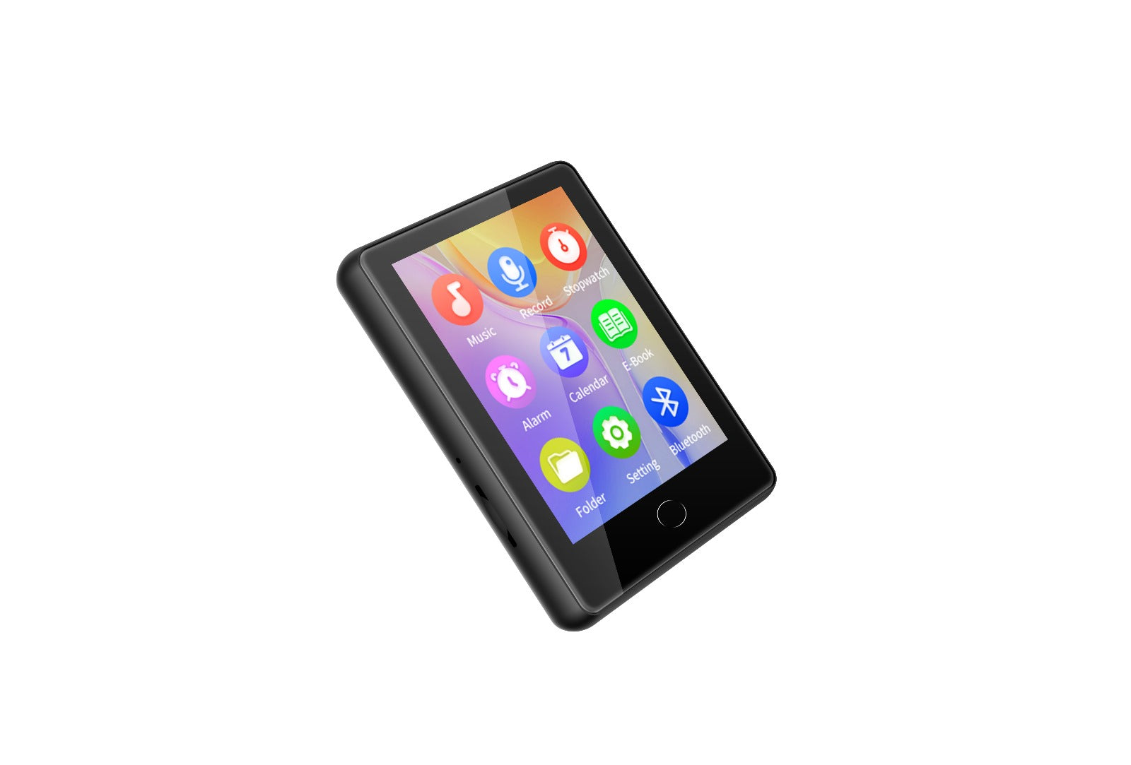 Compact digital media player with colorful touchscreen icons for music, e-book, and Bluetooth features