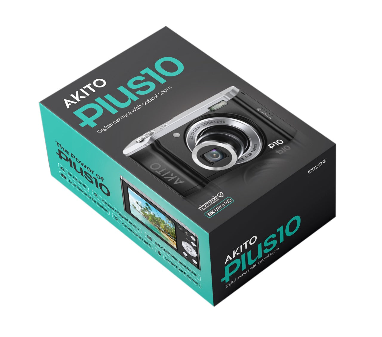 Akito Plus10 digital camera with optical zoom, 5K Ultra HD, large touch screen, and 56.0MP resolution