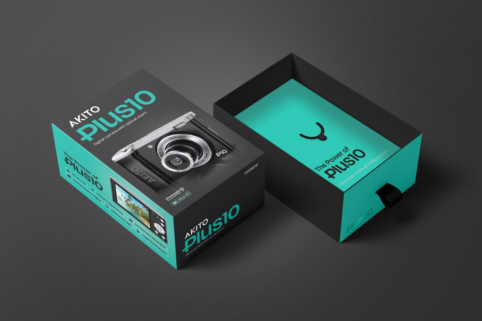 Akito Plus10 digital camera with optical zoom in sleek black and teal packaging