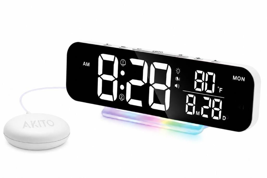 Digital alarm clock with rainbow LED base, displaying time, temp, and day; sleek modern design