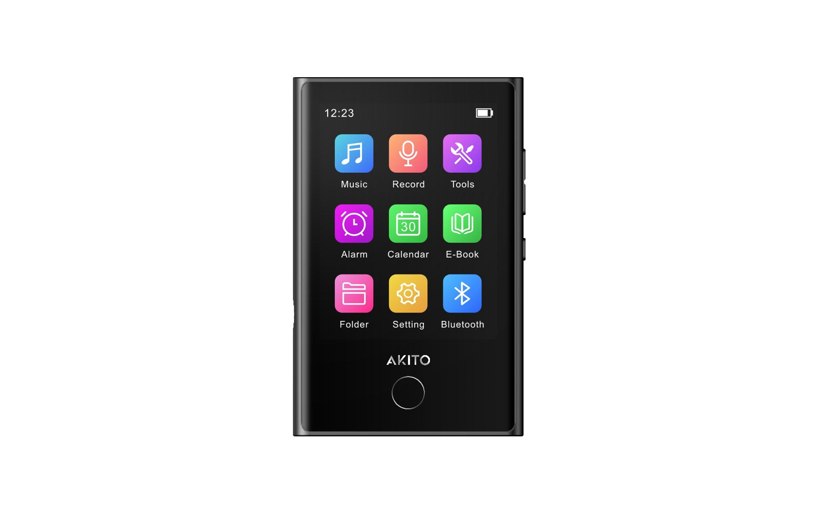 Akito portable media player with colorful app icons for music, recording, and Bluetooth connectivity