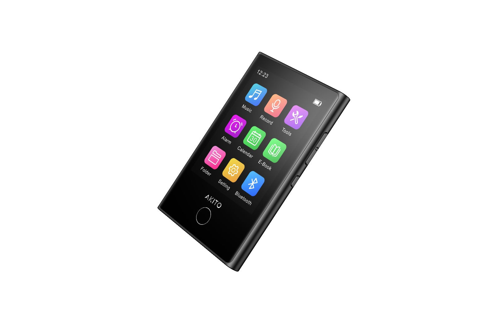 Akito portable media player with colorful app icons for music, e-book, and Bluetooth features