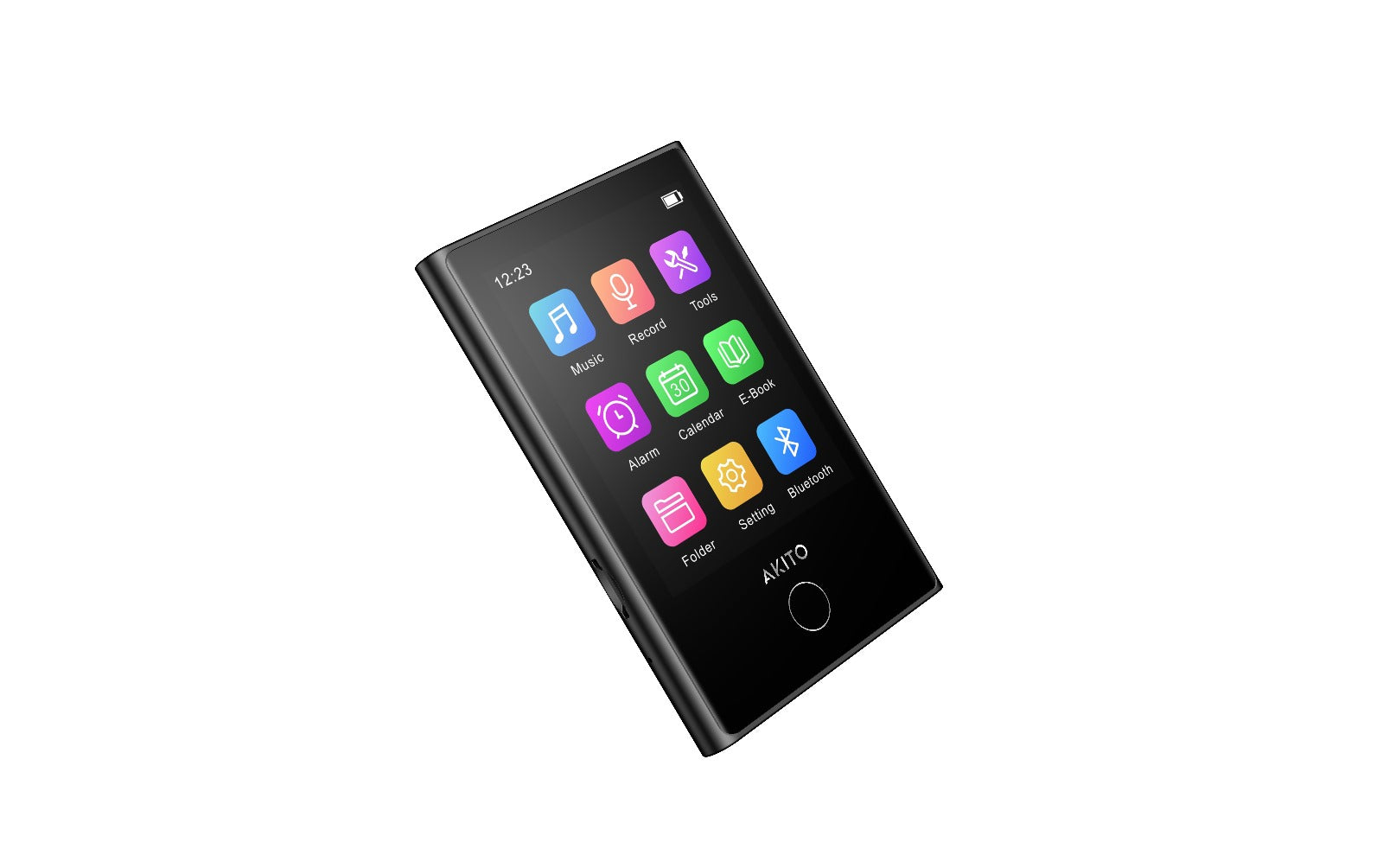 Akito portable media player with colorful app icons for music, e-book, and Bluetooth features