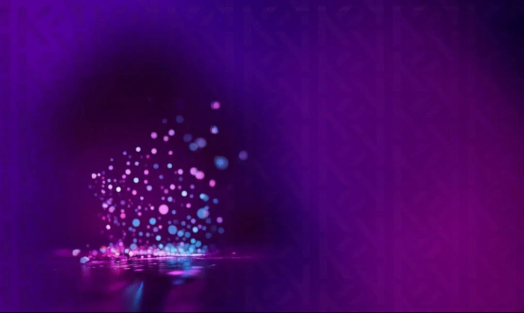 Vibrant purple and blue glowing dots on reflective surface, abstract tech-inspired design
