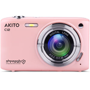 Pink digital camera with 1.36mm lens, compact design for family use