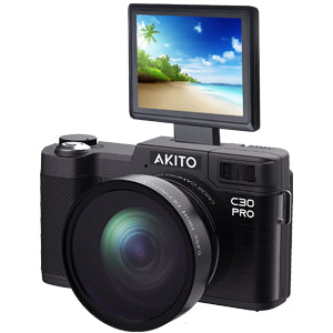 Akito C30 Pro digital camera with flip screen displaying beach scene, premium electronics for families