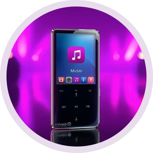 Portable music player with vibrant purple background, displaying music app interface and playback controls.